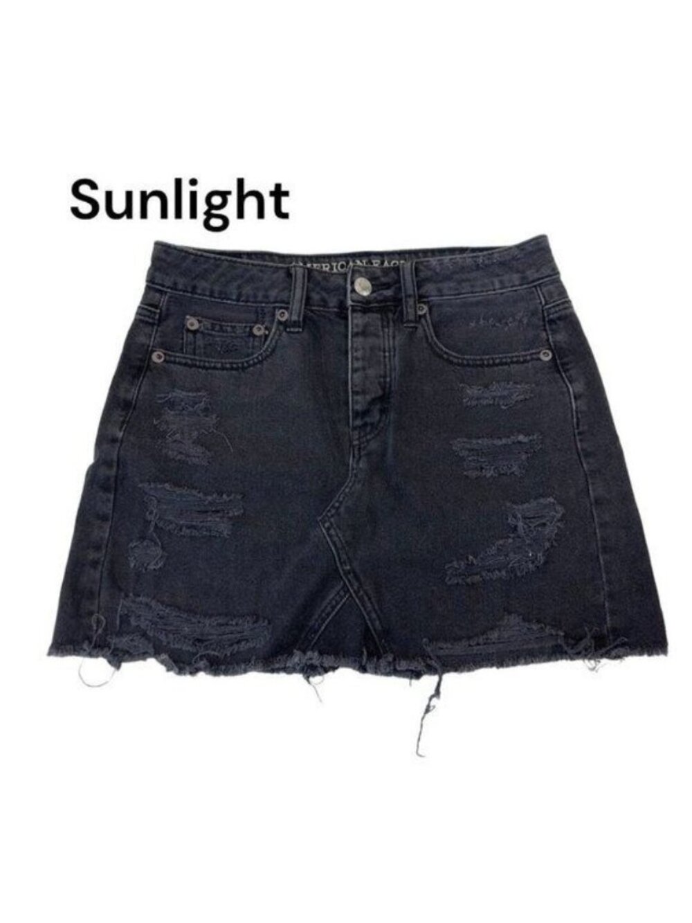 American Eagle Women SZ 0 Black Button Fly Denim Distressed Mini Jean Skirt
